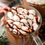 Close up of a mug of hot chocolate.