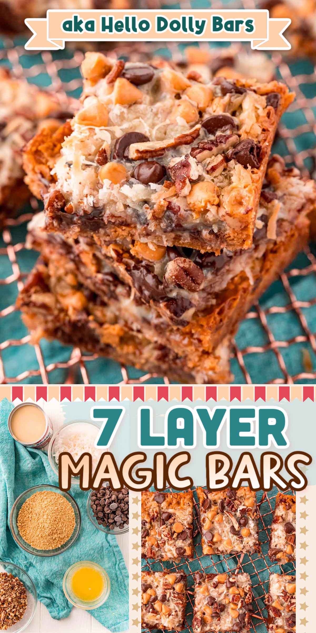 Hello Dolly Bars are the ultimate sweet and gooey treat that’s loaded with chocolate chips, butterscotch chips, pecans, shredded coconut, and moistened with sweetened condensed milk! via @sugarandsoulco