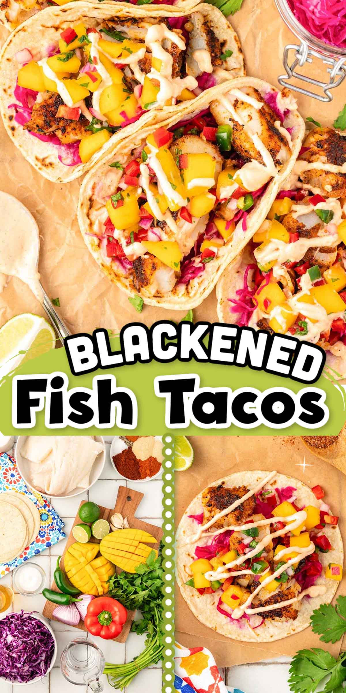 This simple, light, and easy recipe for Blackened Fish Tacos is a delicious dinner option everyone will go crazy for! Warm tortillas are stuffed with seasoned blacked fish, crunchy pickled cabbage, and a tropical spicy mango salsa! via @sugarandsoulco