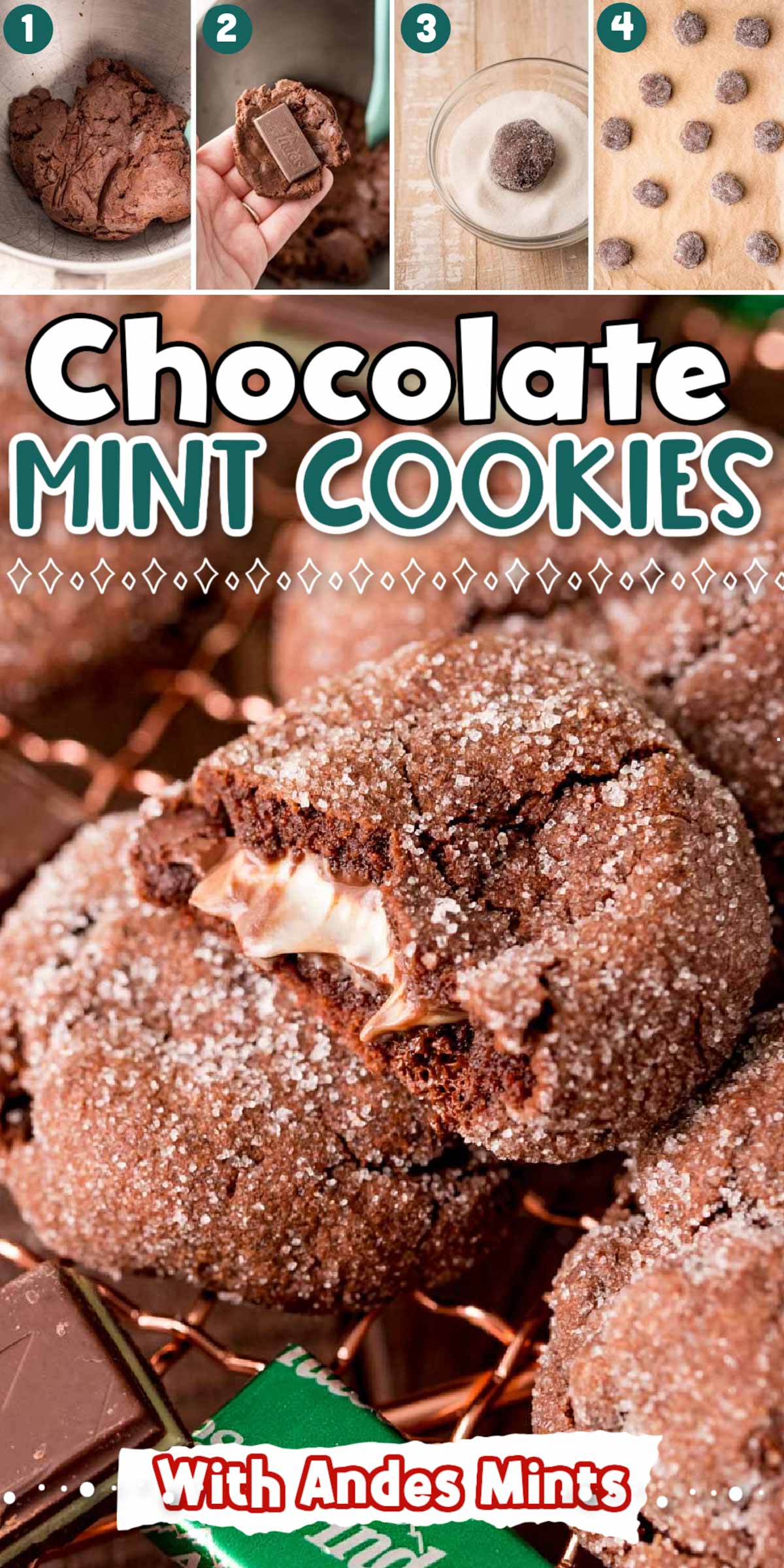 These Chocolate Mint Cookies With Andes Mints have a perfectly melted minty center that's wrapped in refrigerated cookie dough! via @sugarandsoulco