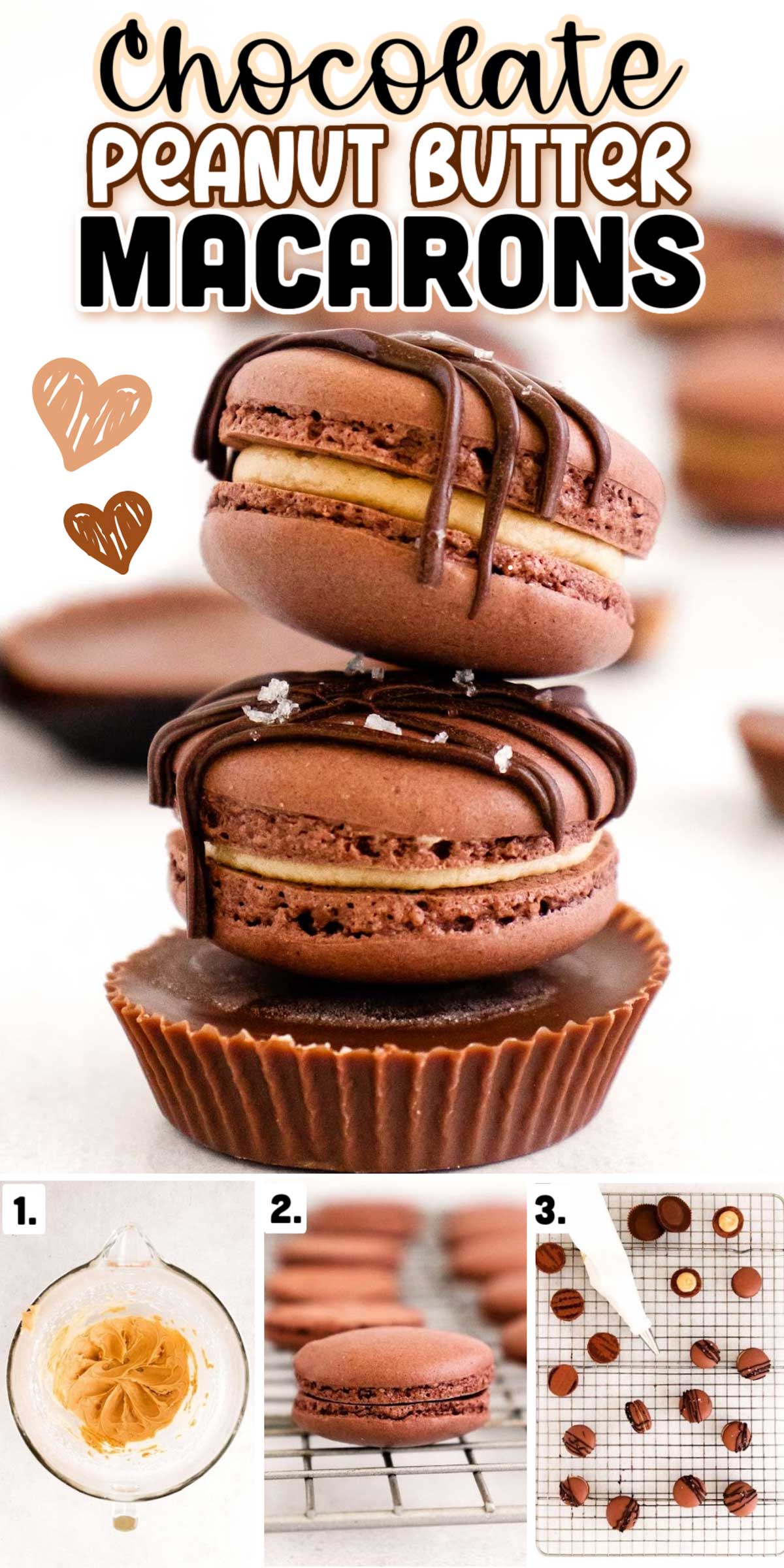 Chocolate Peanut Butter Macarons have a sweet fluffy peanut butter center enclosed by chocolaty meringue-based cookies! This delicious recipe includes step-by-step photos and tons of tips to make this classic French dessert! via @sugarandsoulco