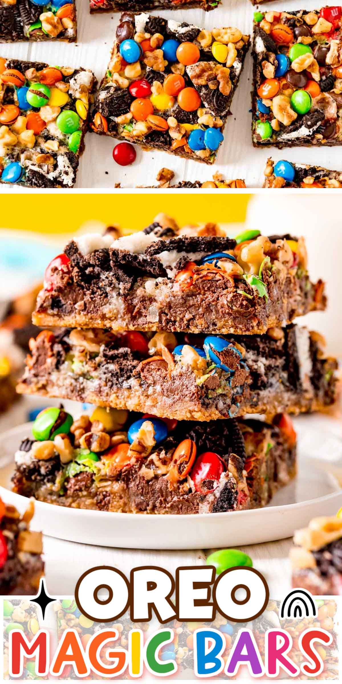 These Oreo Magic Bars have a refrigerated cookie dough base and are overflowing with Oreo cookies, chocolate chunks, coconut, nuts, and M&M's for a rich, tasty, and easy dessert! via @sugarandsoulco