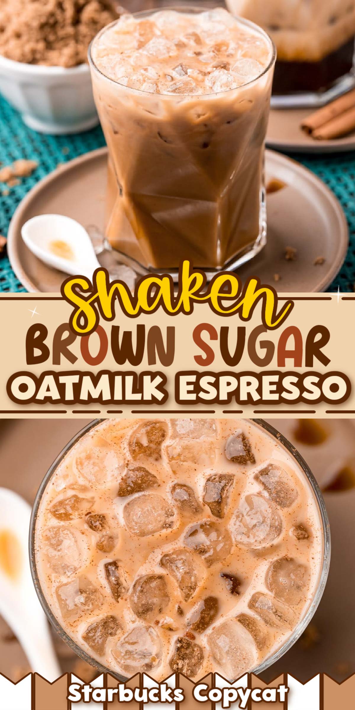 This Shaken Brown Sugar Oatmilk Espresso is a Starbucks Copycat recipe made with brown sugar simple syrup, espresso, oat milk, and cinnamon. It's easy, delicious, and in my opinion, even better than the original! via @sugarandsoulco