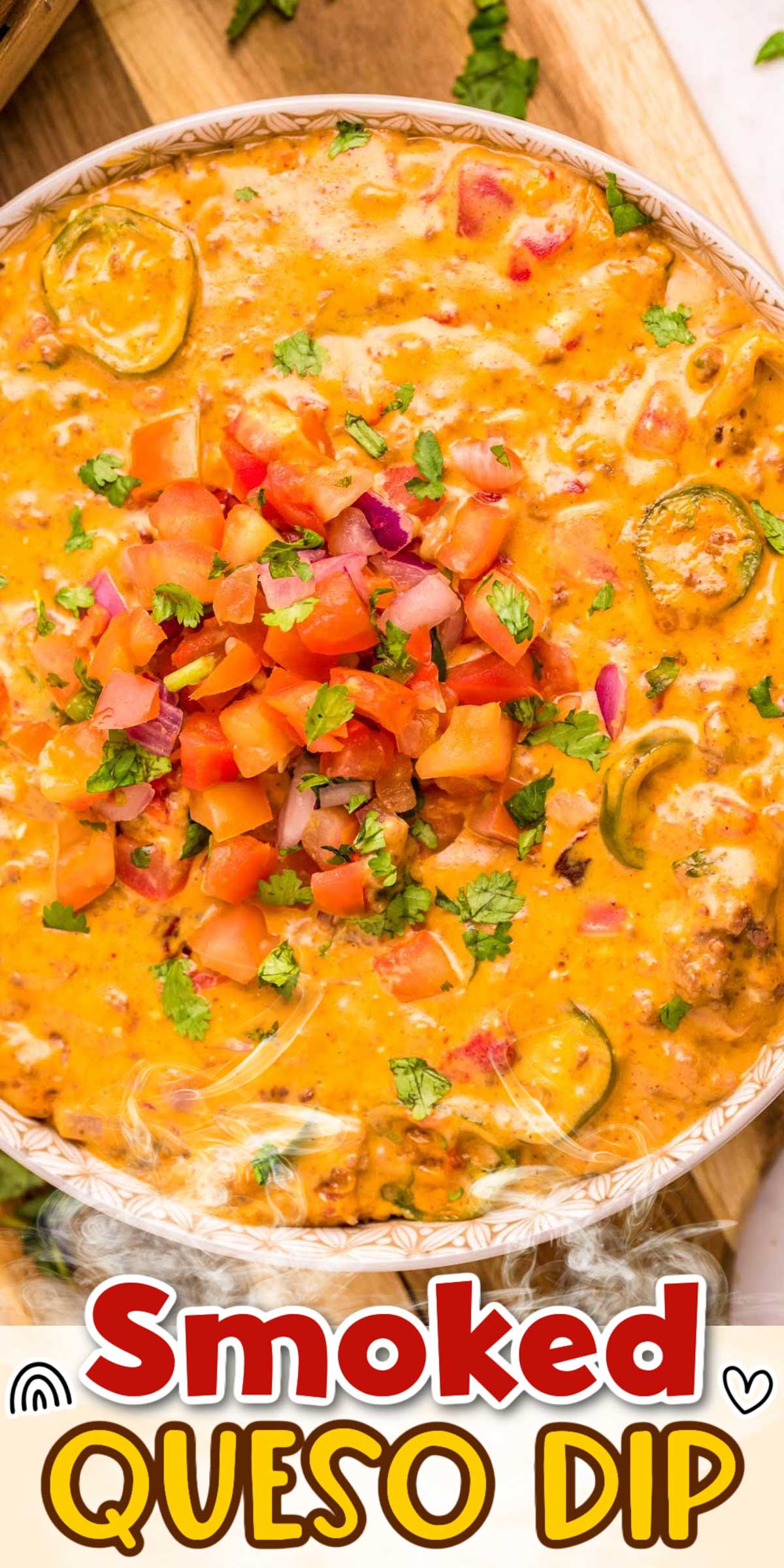 This Smoked Queso Dip is the viral TikTok appetizer recipe loaded with spicy and smoky flavor made with ground beef, cheese, peppers, onion, taco seasoning, cream, and cilantro that's cooked in the smoker in just 1 hour!  via @sugarandsoulco