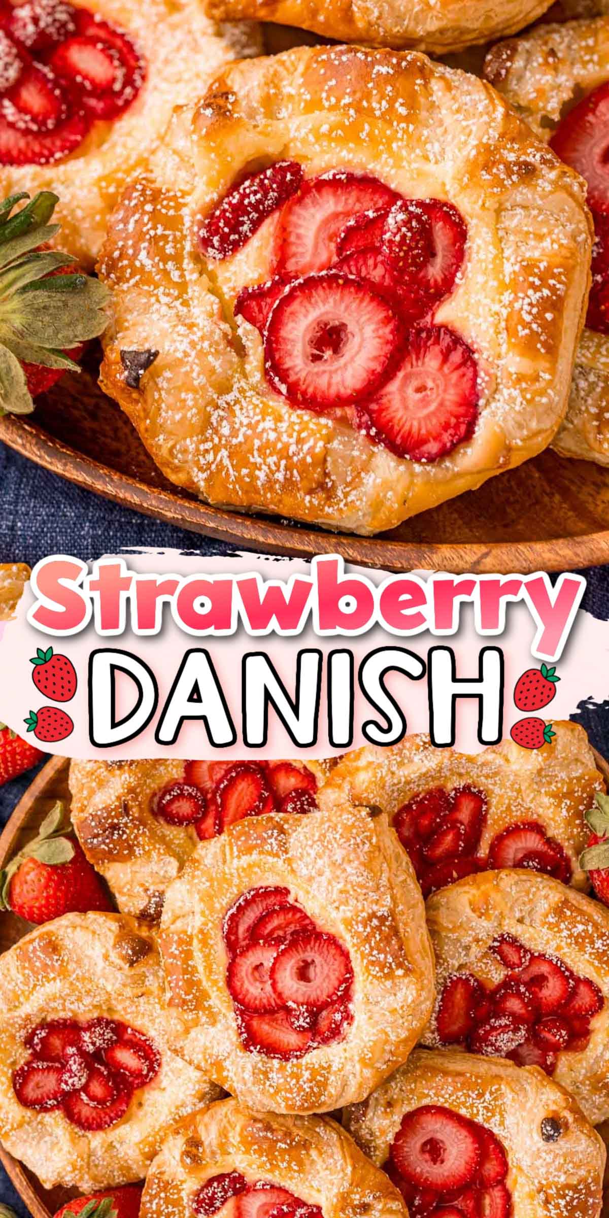 These Strawberry Danishes are filled with a sweet cream cheese filling and topped with juicy fresh strawberries and baked to a flaky golden brown for an easy breakfast pastry everyone will love! via @sugarandsoulco