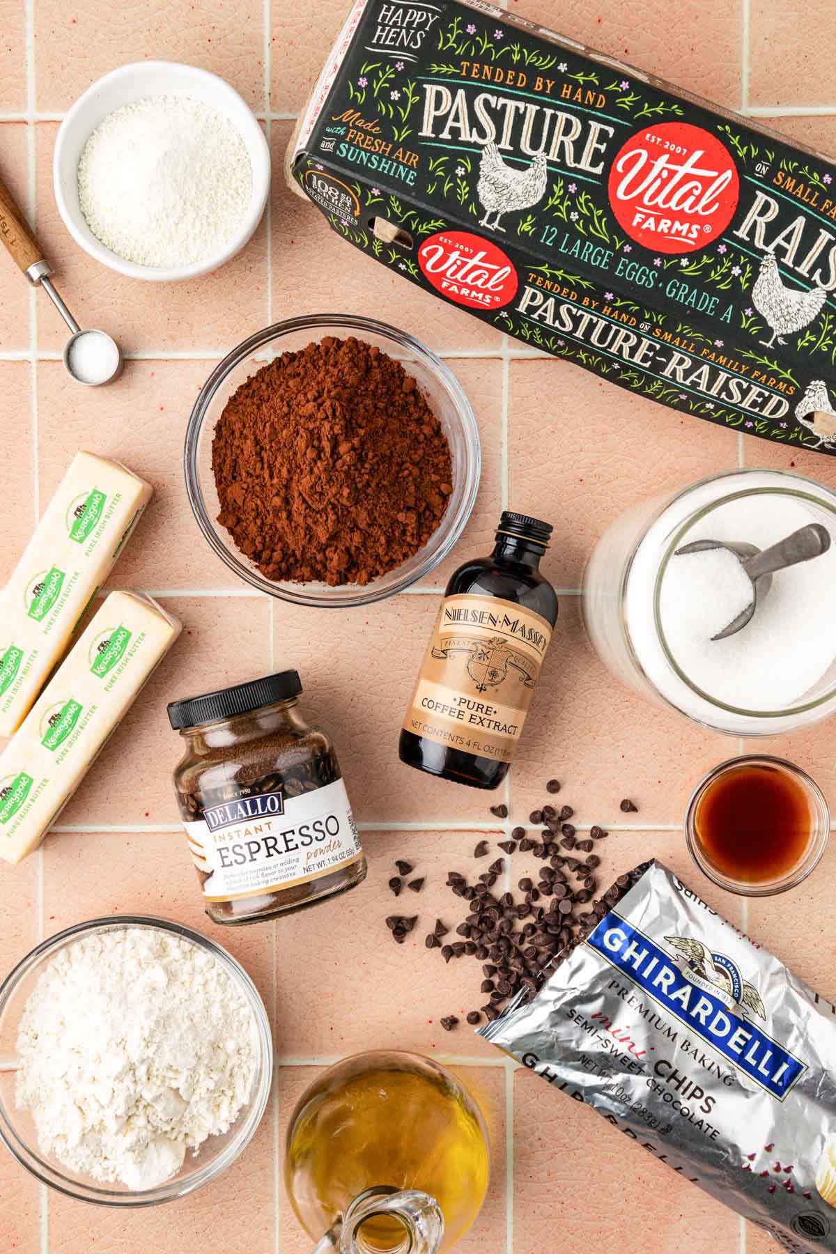 Overhead photo of ingredients to make coffee flavored brownies.