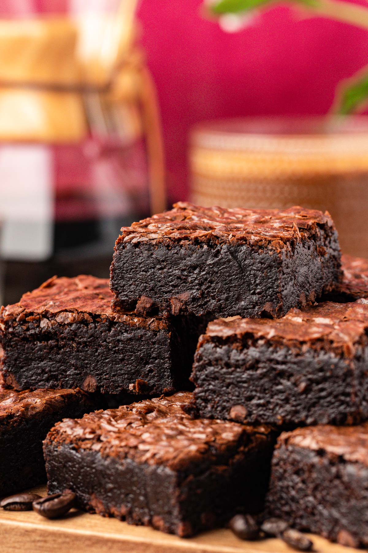 Close up of a stack of brownies made with coffee.