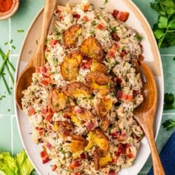 Overhead photo of a serving dish filled with crispy potato salad.