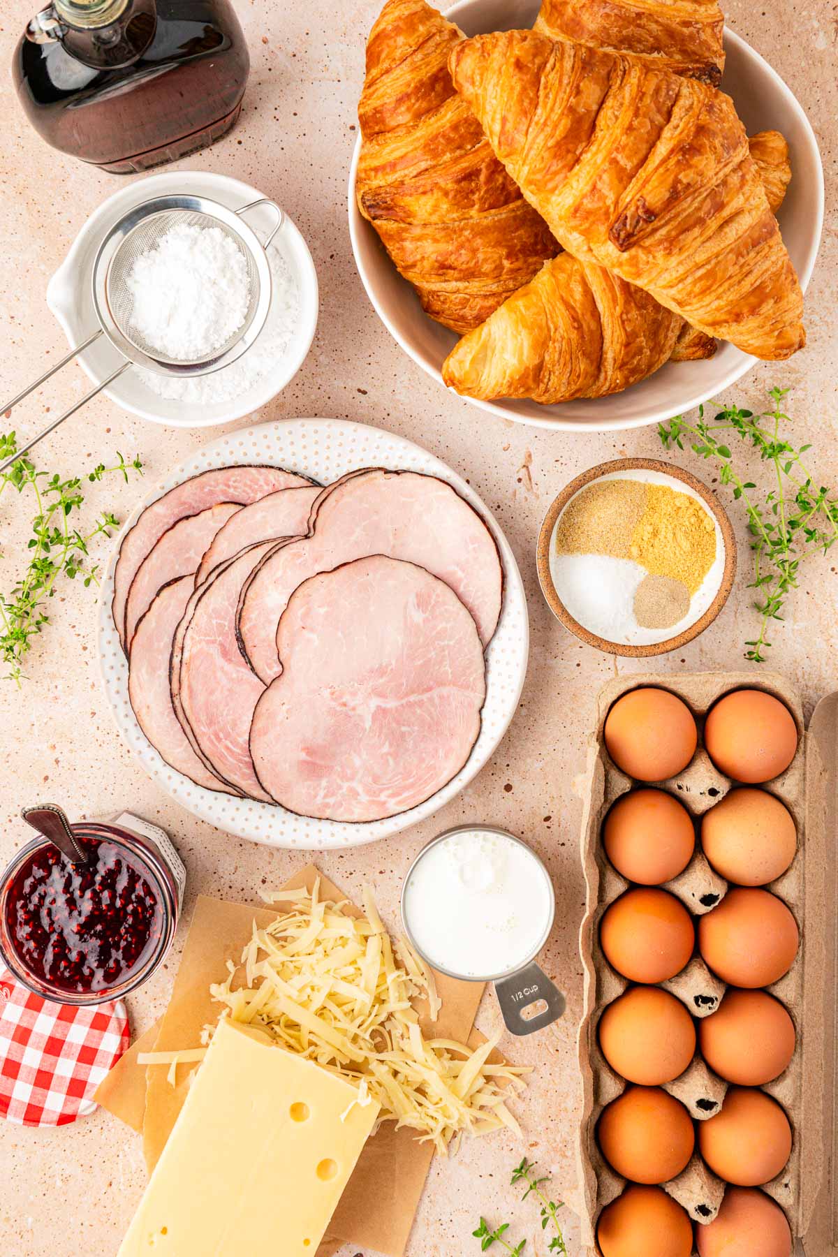 Ingredients to make ham and cheese breakfast casserole.