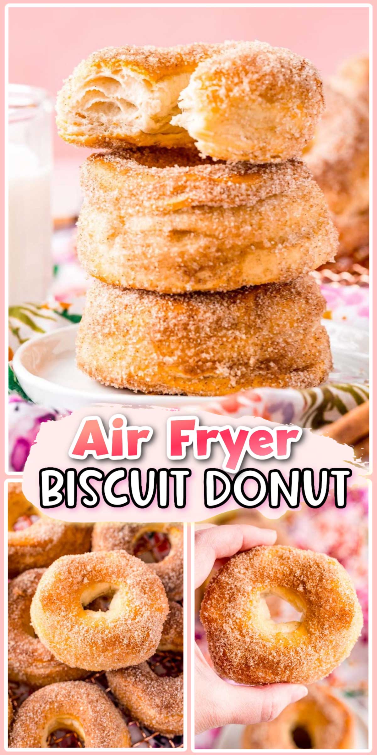 These Air Fryer Donuts are super easy donuts that are ready in just 20 minutes using canned biscuits and then dipped in cinnamon-sugar or topped with a classic sweet glaze! via @sugarandsoulco