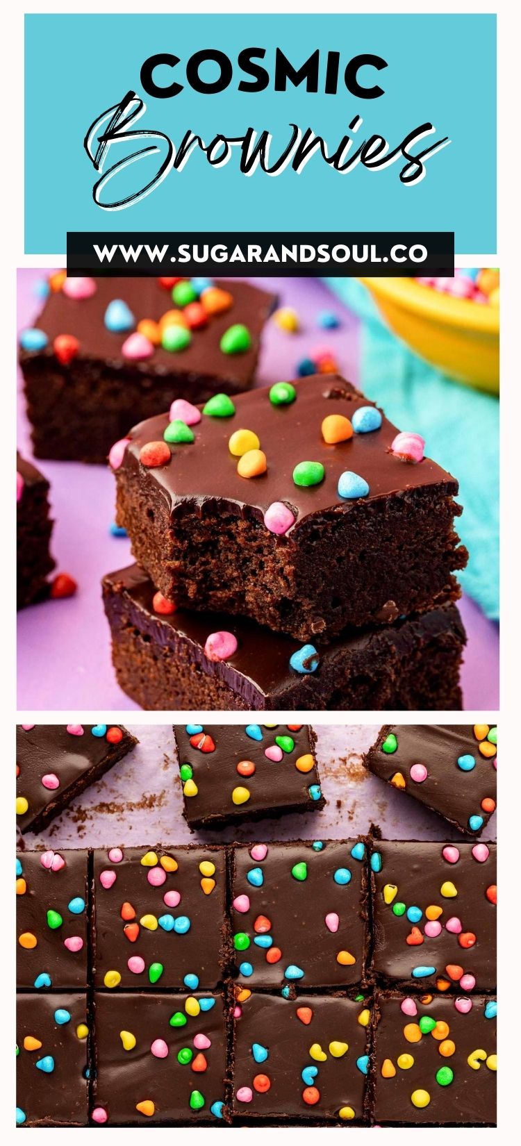 Cosmic Brownies are a nostalgic bite from 90s childhood that we all yearn for! This copycat recipe is perfectly fudgy and rich, just the way we remember them to be—except they’re WAY better than Little Debbie’s version, skipping corn syrup and giving a dye-free candy option! via @sugarandsoulco