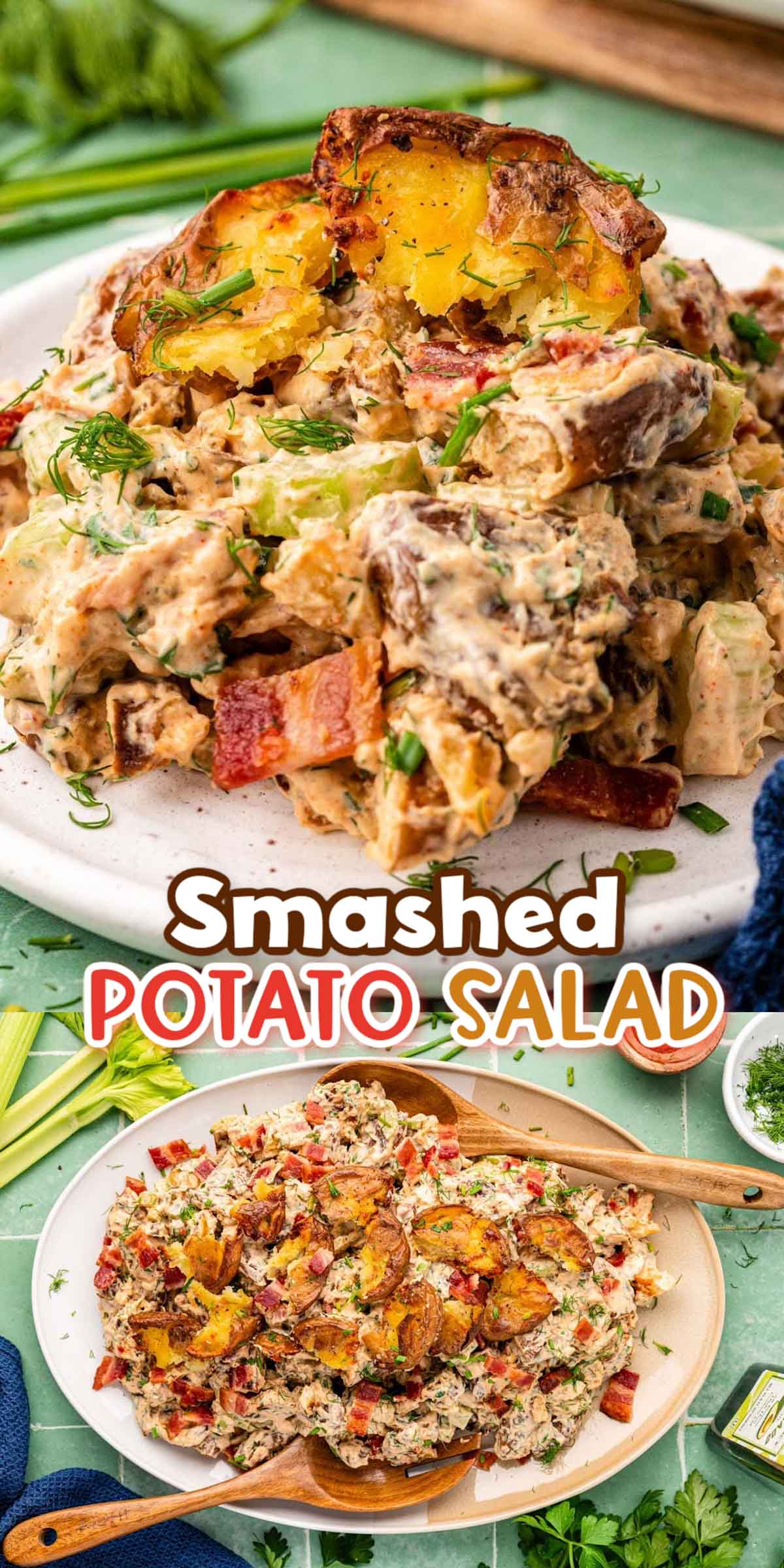 This Smashed Potatoes Salad has gone viral on TikTok for its crispy, crunchy texture and mouthwatering flavor! A go-to summer side dish packed with crispy smashed potatoes, salty bacon, crunchy celery, and a homemade dressing bursting with fresh flavor! via @sugarandsoulco
