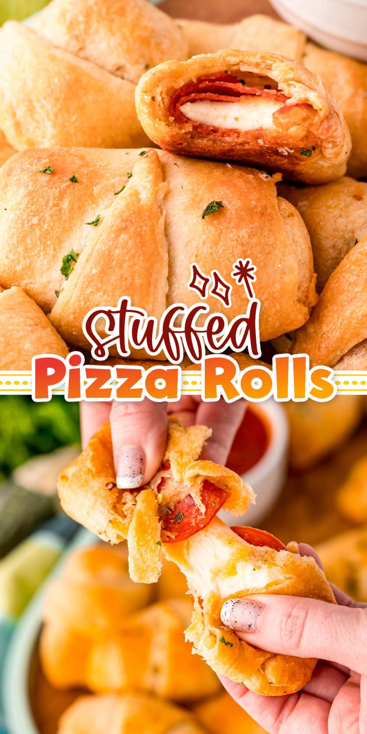 Stuffed Pizza Rolls are packed with mozzarella cheese sticks and pepperoni, then wrapped in a flaky crescent roll! Serve these handheld Pizza Rolls with your favorite pizza sauce and watch as they quickly fly off the plate!  via @sugarandsoulco