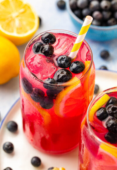 Blueberry lemonade in a glass.