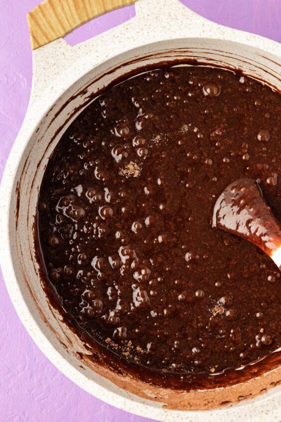 Brownie batter in a pot.