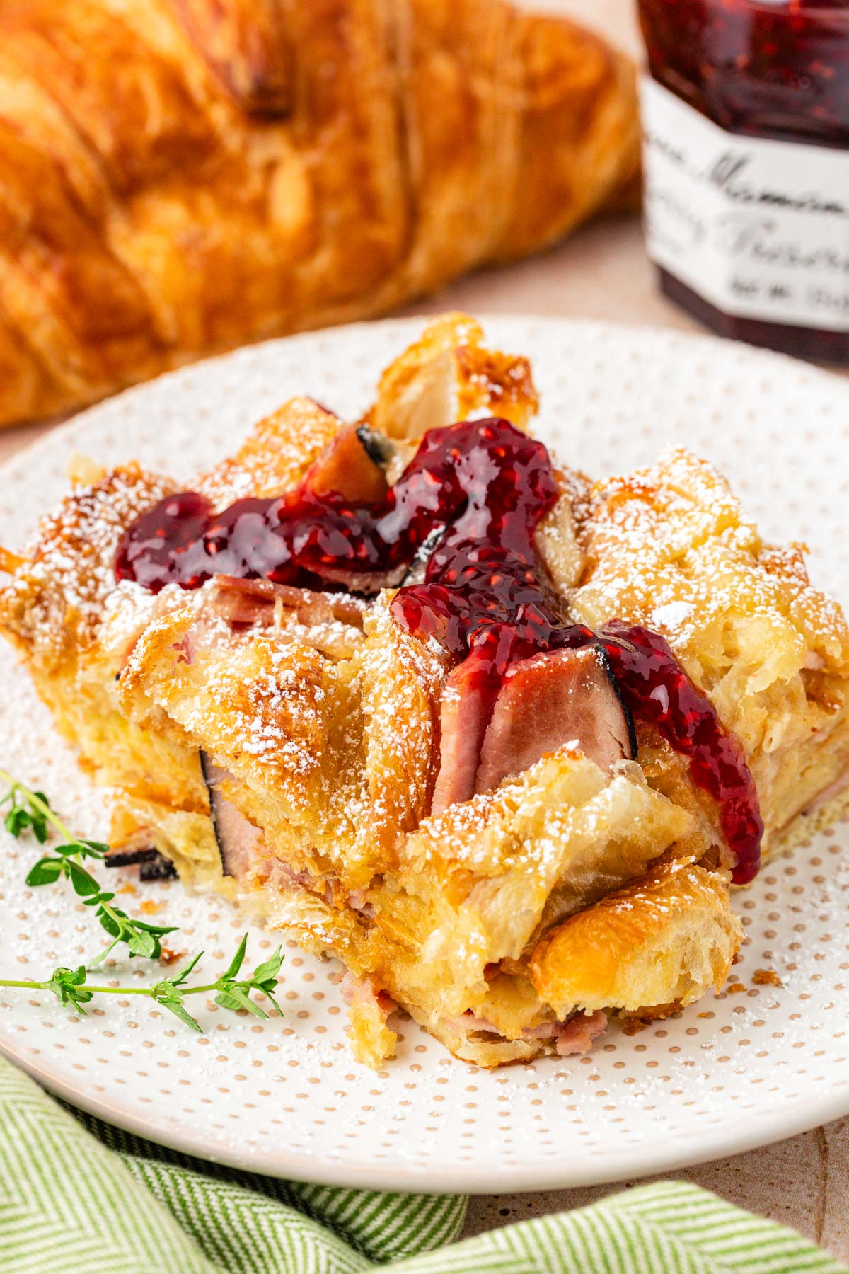 Croissant Casserole with raspberry jam.