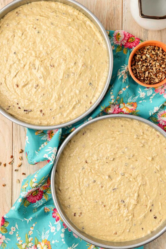 Cake batter for Italian Cream Cake divided between two pans.