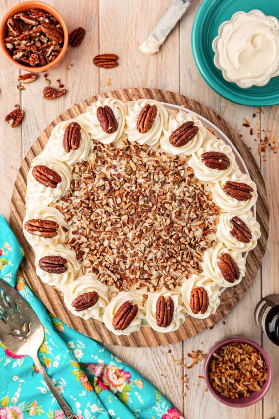 Overhead of Italian Cream Cake on a table.