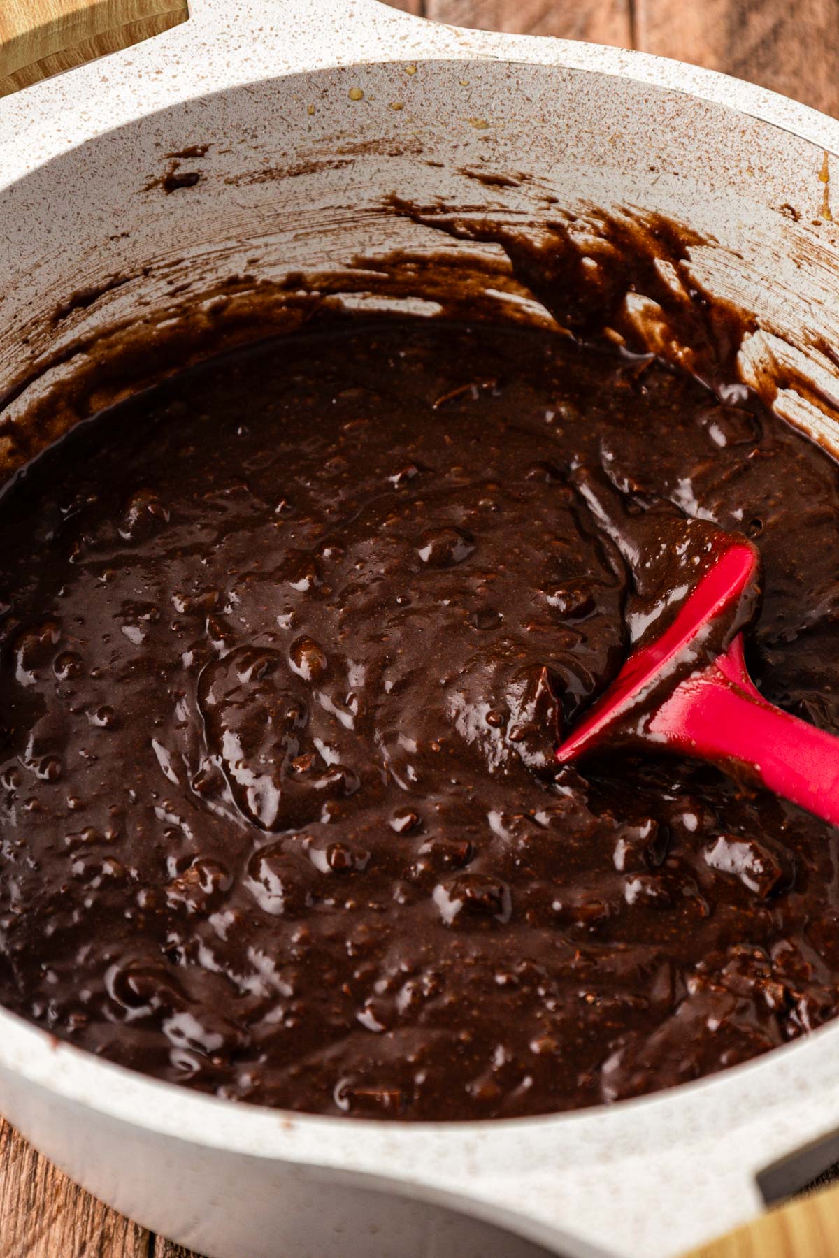 Brownie batter in a pan.