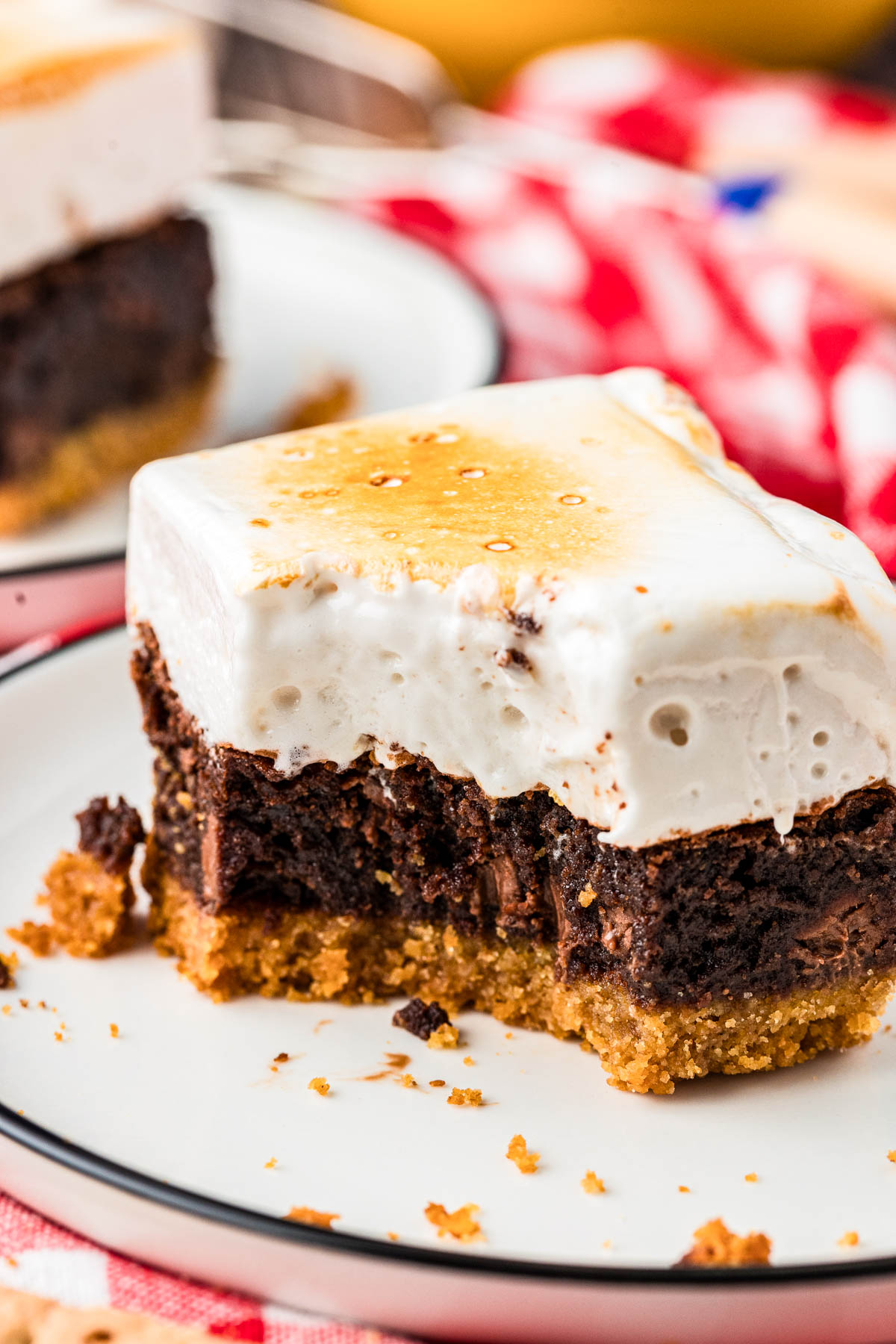 Close up of a s'mores brownie on a plate with a bite missing.