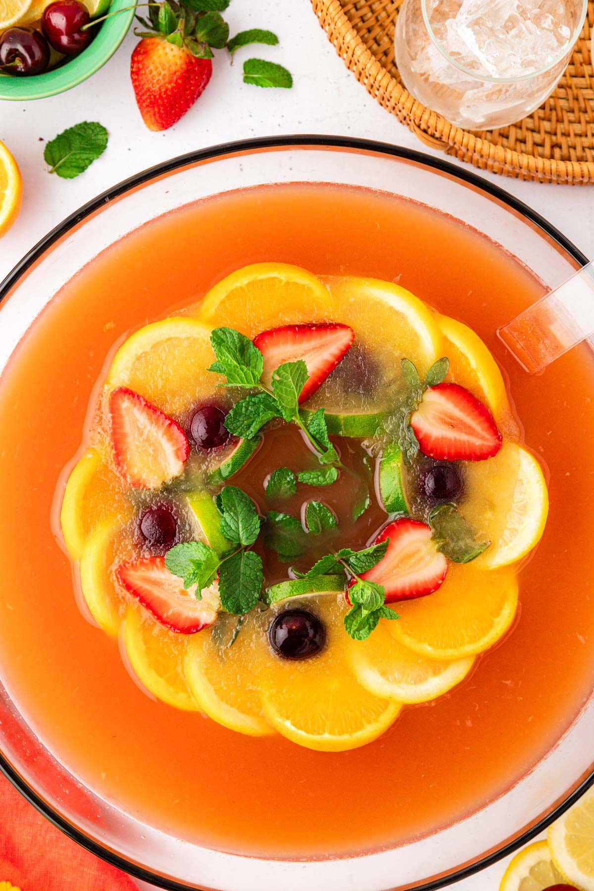 Overhead photo of a bowl of fruity party punch.