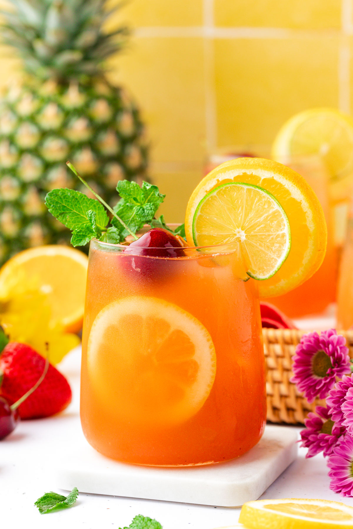 Close up of a glass filled with summer party punch.