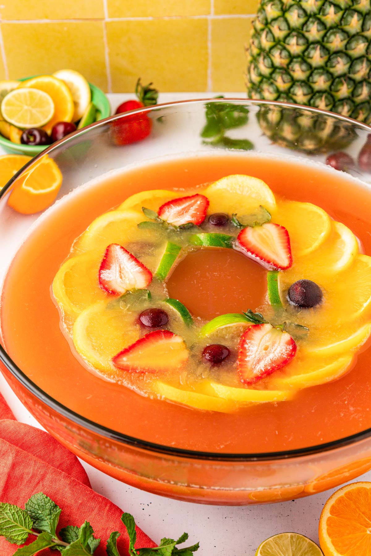 Photo of summer punch in a punch bowl with an ice ring in it.