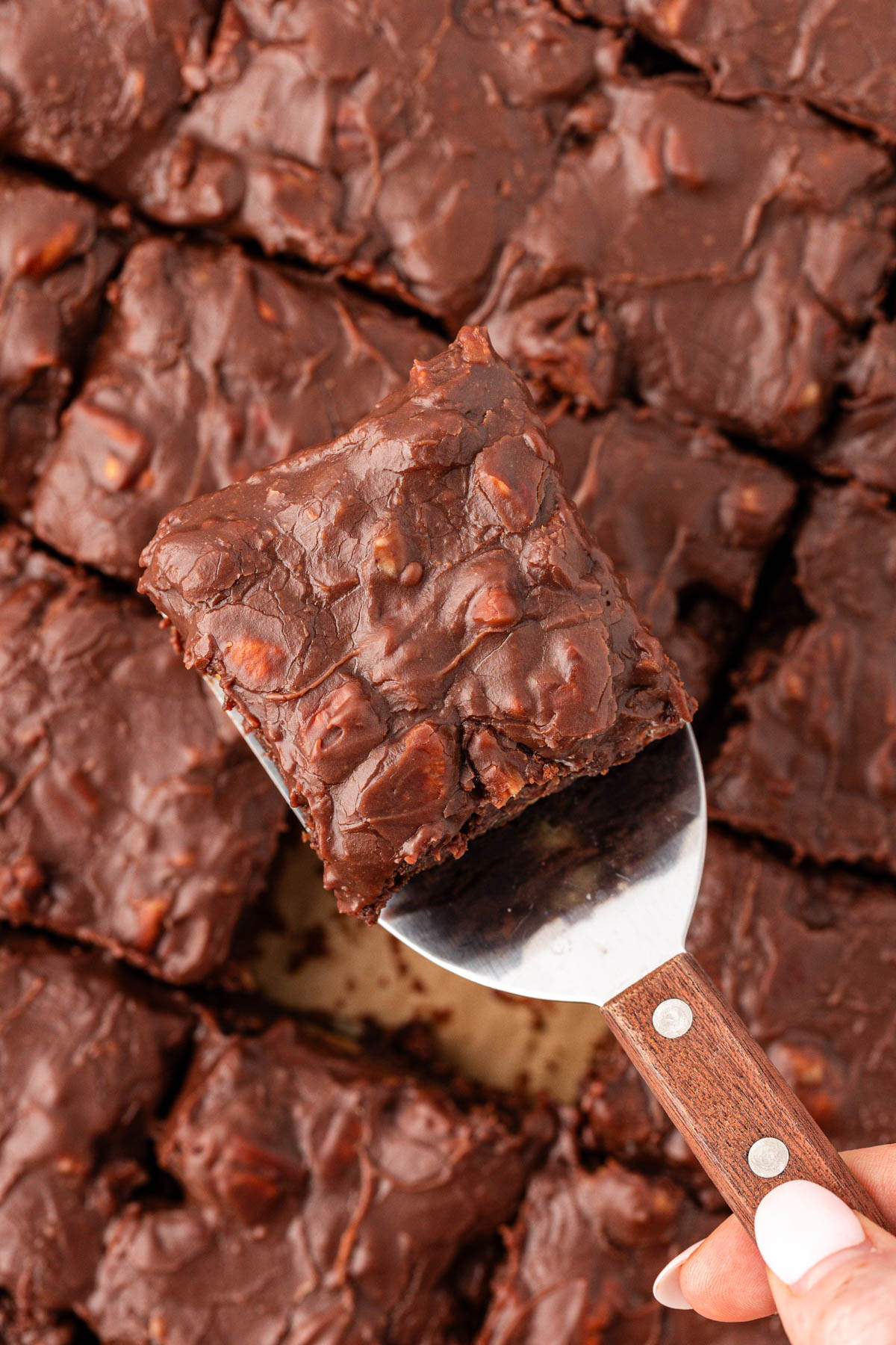 Overhead photo of a brownie topped with icing and pecans being lifted out of a pan.