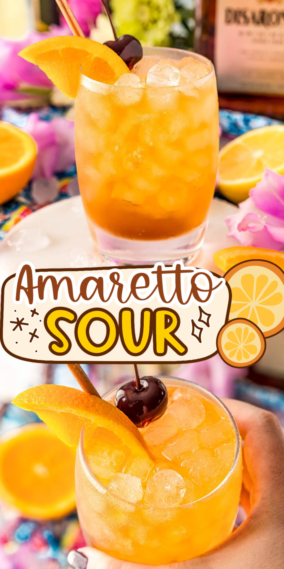 The Amaretto Sour is a classic cocktail recipe, and it happens to be one of my favorites! Sippable and boozy, it’s made with amaretto, bourbon, bitters, and homemade sour mix, plus an orange slice and maraschino cherry for garnish. via @sugarandsoulco