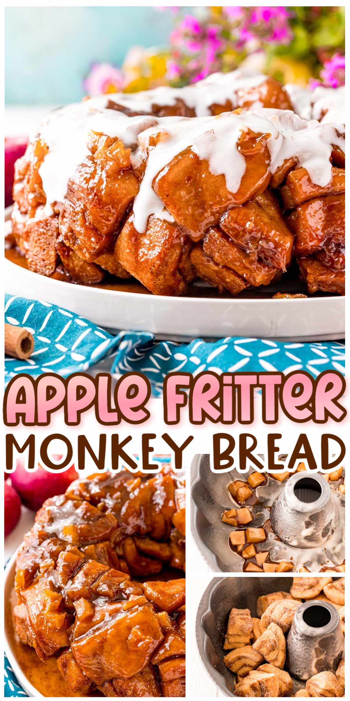 Apple Fritter Monkey Bread is an easy, soft, and sticky pull-apart bread that’s made to share! Chunks of refrigerated cinnamon roll dough and fresh chopped apples are drenched in a sweet and sticky sauce and baked to perfection.  via @sugarandsoulco