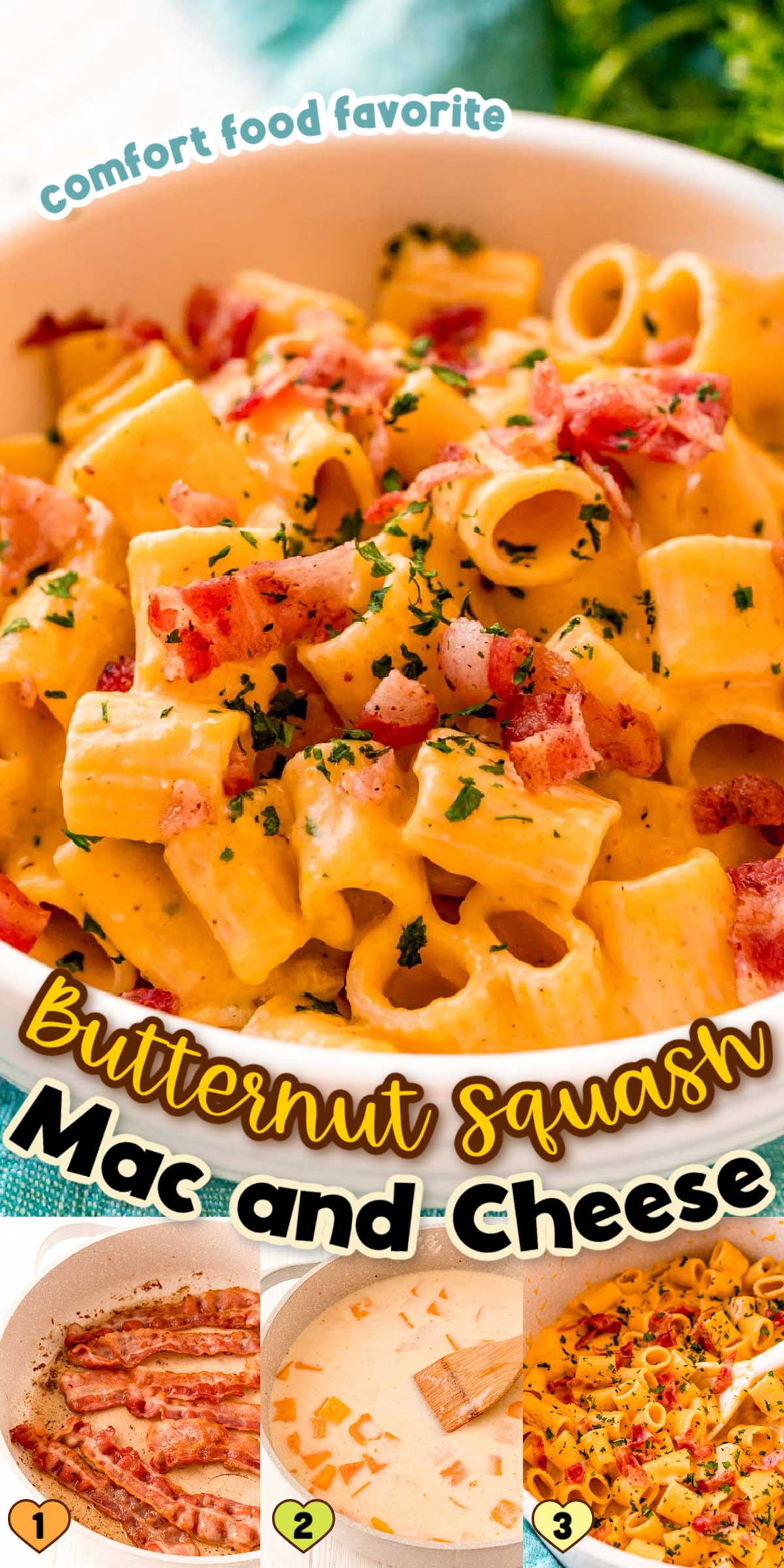 Butternut Squash Mac and Cheese is a comfort food favorite with an infusion of sweet, buttery squash! Pasta is drenched in a creamy and delicious butternut cheese sauce and topped with bacon crumbles.  via @sugarandsoulco