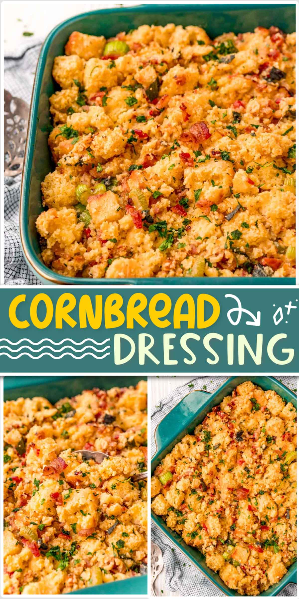 Southern Cornbread Dressing (otherwise known as Cornbread Stuffing) is a delicious take on a classic Thanksgiving side dish. This recipe is made with stale Buttermilk Cornbread then flavored with herbs, spices, and bacon! via @sugarandsoulco