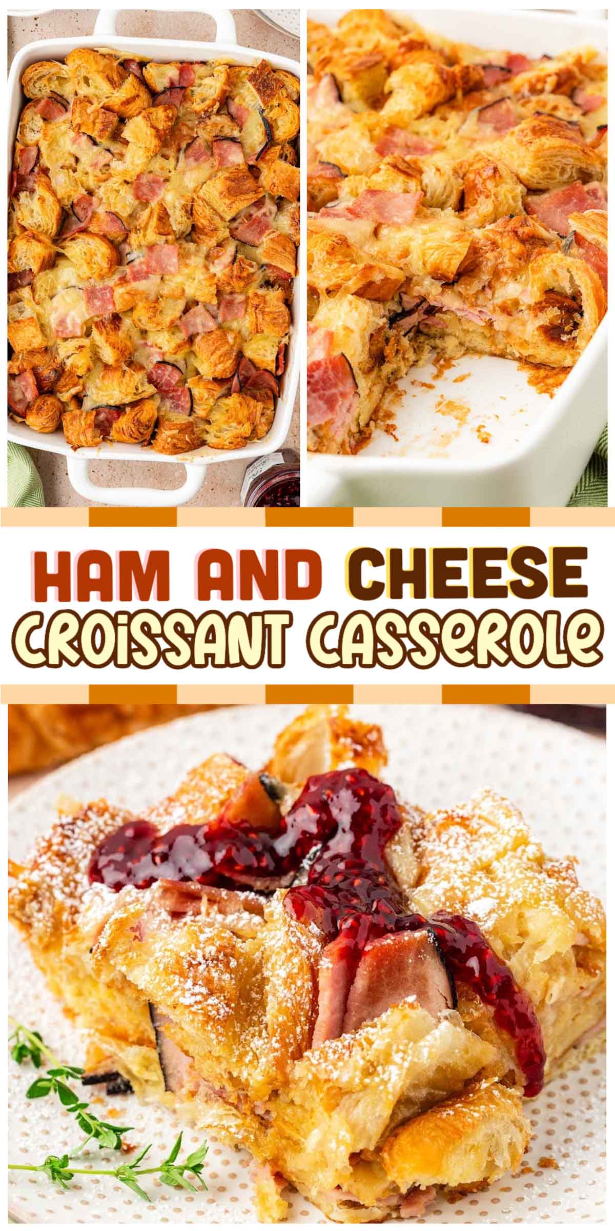 This Ham and Cheese Breakfast Casserole is made with refrigerated croissants, deli ham, and shredded Swiss cheese for an EASY breakfast dish that can be prepped the night before! Top it with powdered sugar and raspberry jam for a savory, sweet breakfast that everyone will devour in record time! via @sugarandsoulco