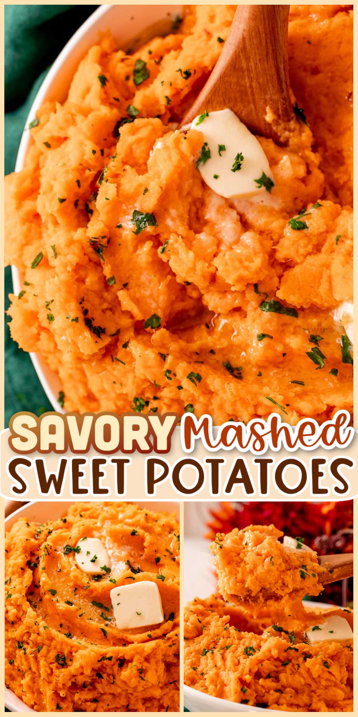 Savory Mashed Sweet Potatoes are filled with delicious tangy flavor! The potatoes are roasted in the oven until tender, then mashed with butter, buttermilk, dijon mustard, salt, and pepper.  via @sugarandsoulco