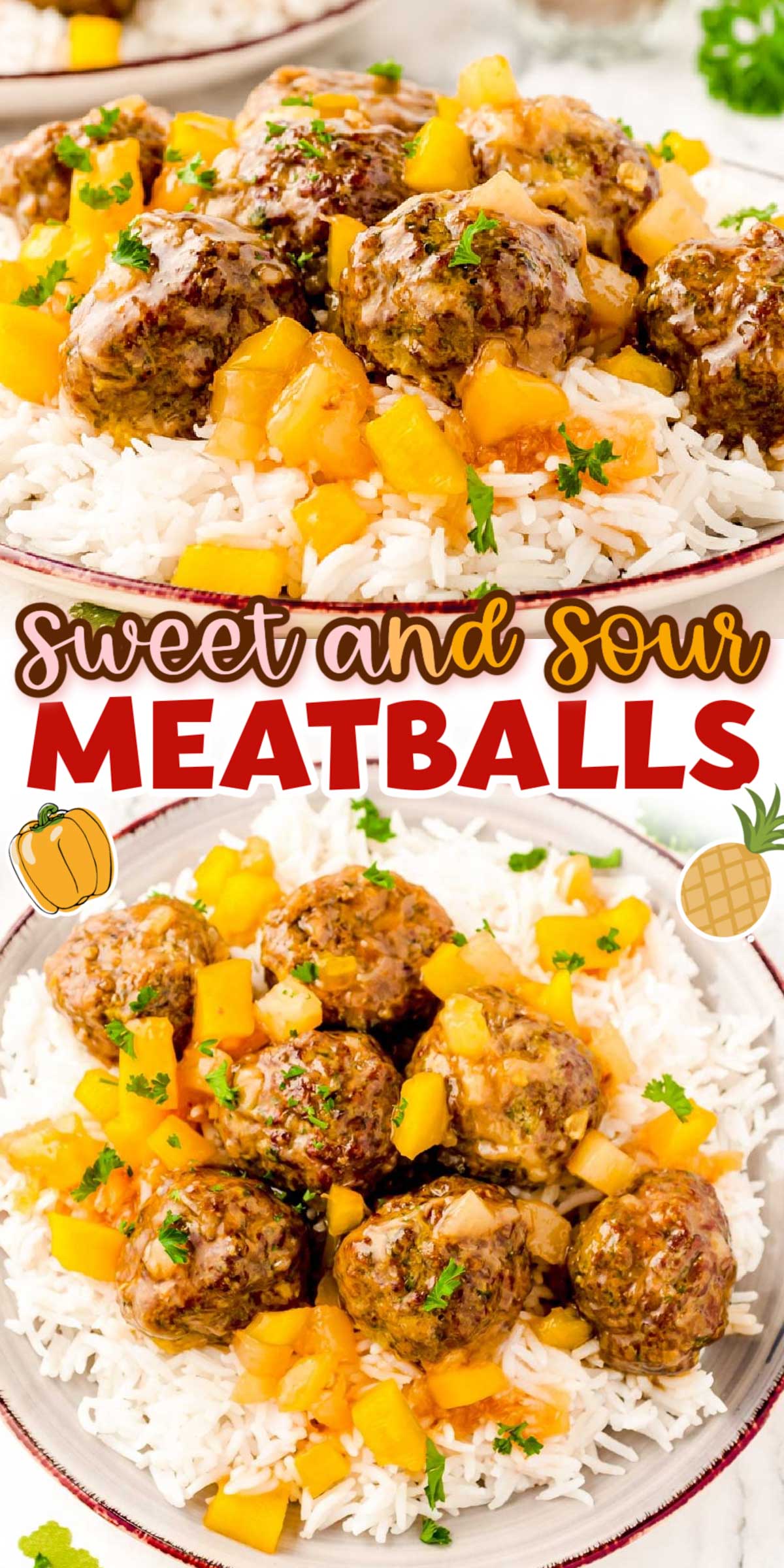 Easy and flavorful Sweet and Sour Meatballs Recipe are drenched in a tangy sauce of brown sugar, pineapple, soy sauce, vinegar, and yellow peppers.  via @sugarandsoulco