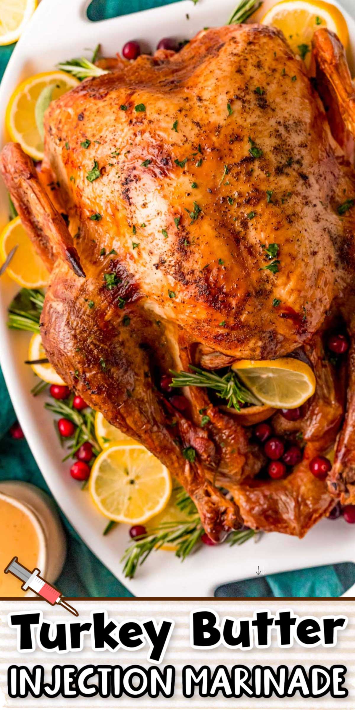 This turkey recipe is made with a lemon butter injection marinade that gets deep in the turkey for moist and flavorful meat. Topped with a simple dry rub and a few other tricks for crispy skin and a tender and juicy bird! via @sugarandsoulco