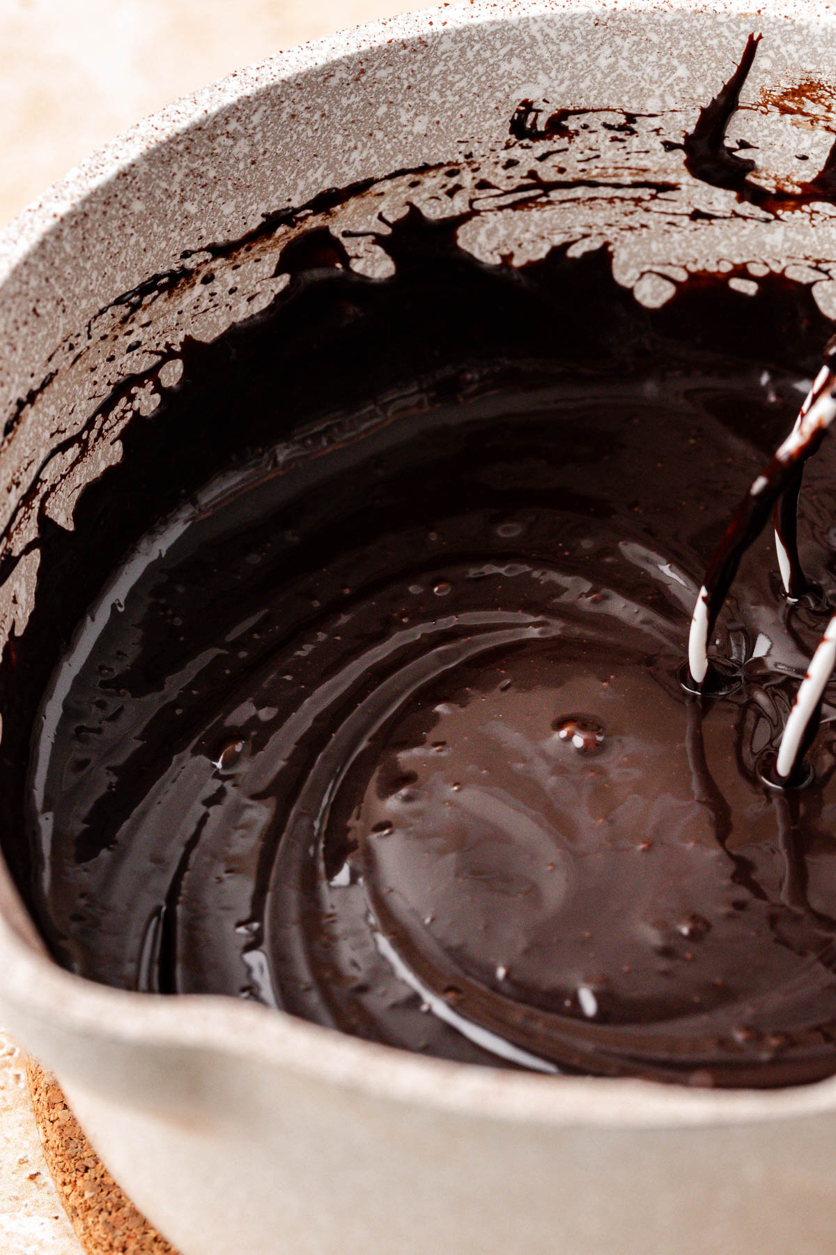 Close up of hot fudge in a pot.