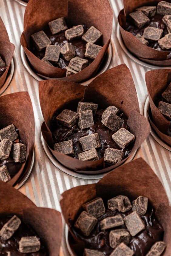 Chocolate chunks on chocolate muffin batter ready to be baked.