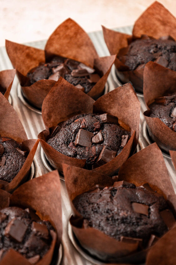 Close up of chocolate chunk muffins in a pan.