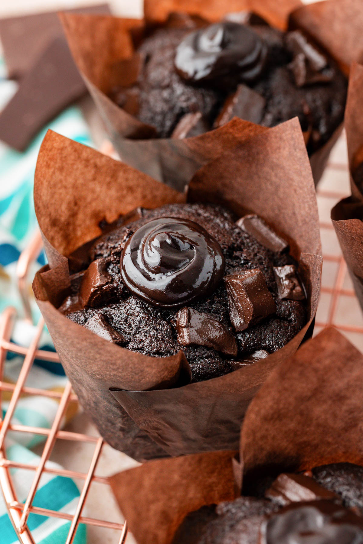 Close up of chocolate chunk muffins inspired by the olympics.