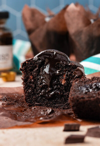 Olympic Chocolate Muffin from a homemade recipe sliced in half.