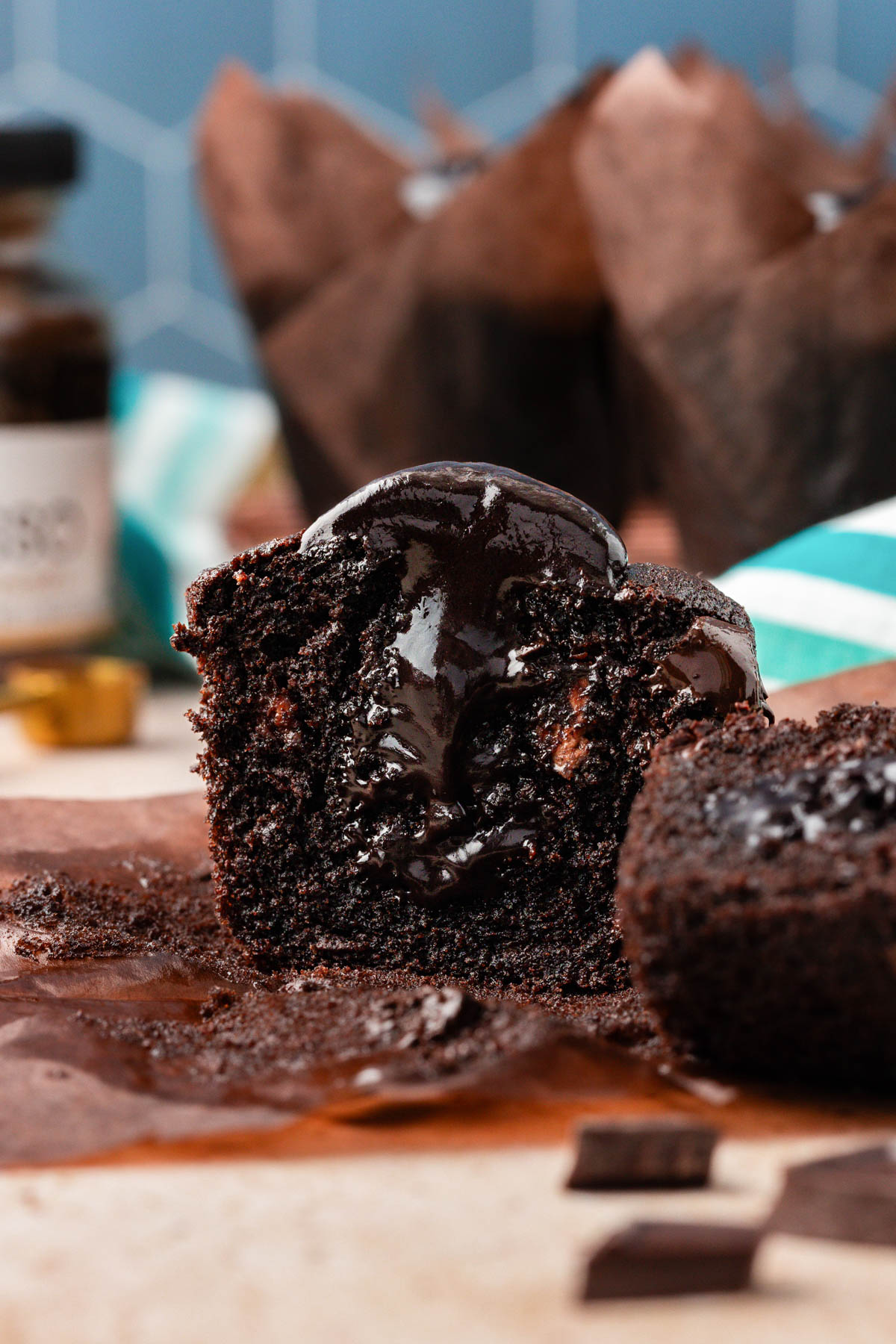 Olympic Chocolate Muffin from a homemade recipe sliced in half.