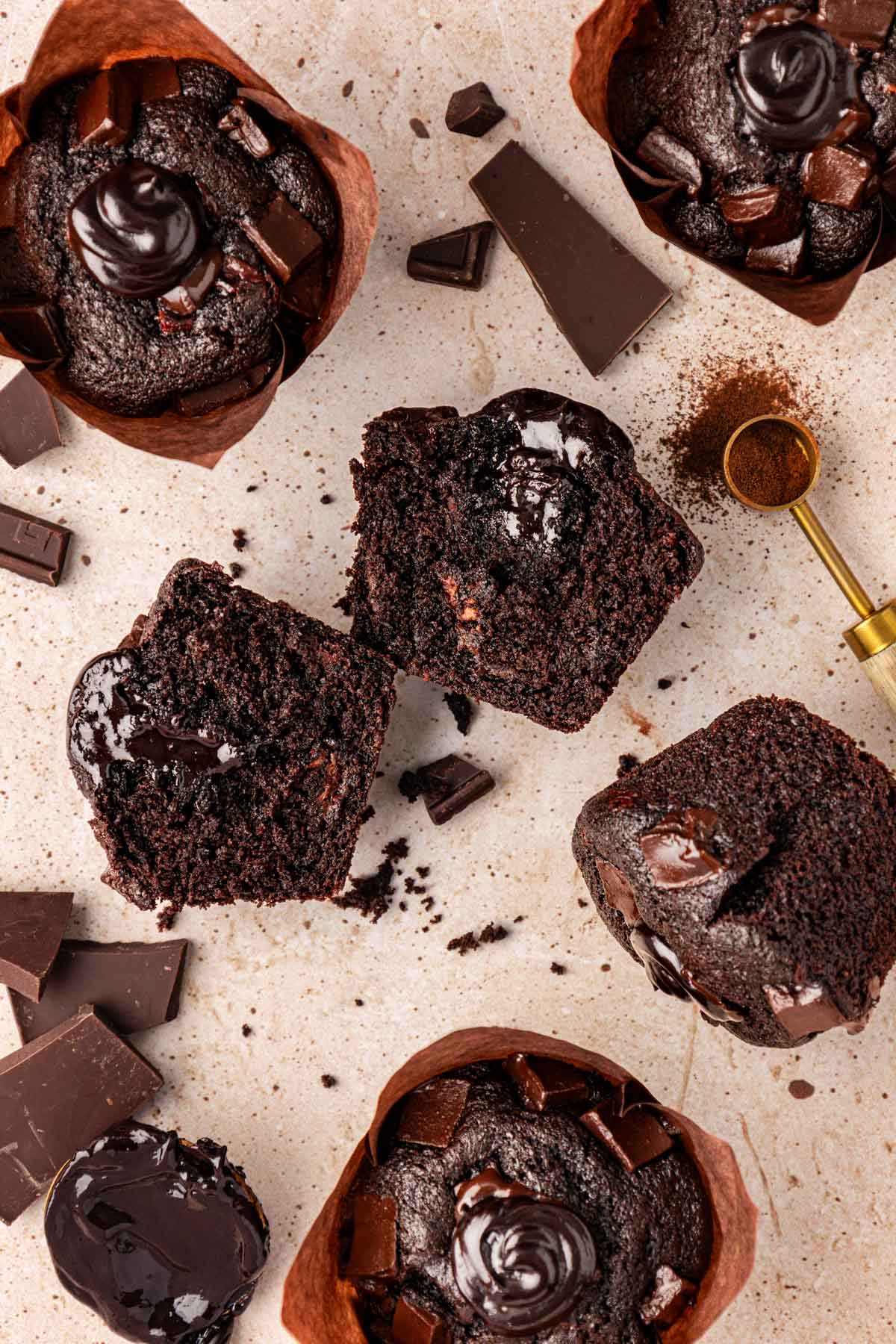 Overhead photo of Olympic Chocolate Muffins on a table.