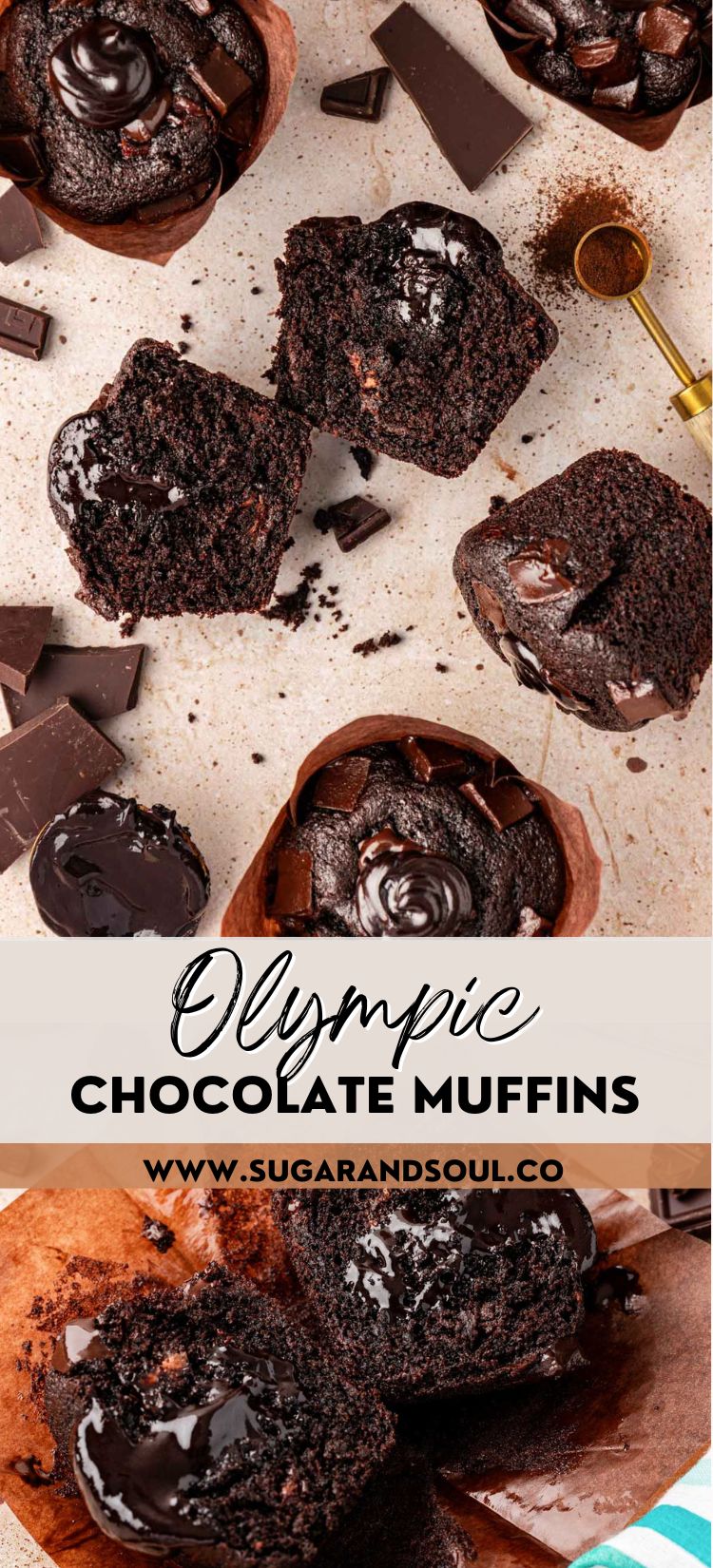 The irresistible Olympic Chocolate Muffins. A homemade version of the viral Paris Olympics Muffins are moist, chocolaty, and generously studded with chocolate chunks, topped off with a luscious hot fudge center. It's no surprise the internet is abuzz with excitement over them! via @sugarandsoulco