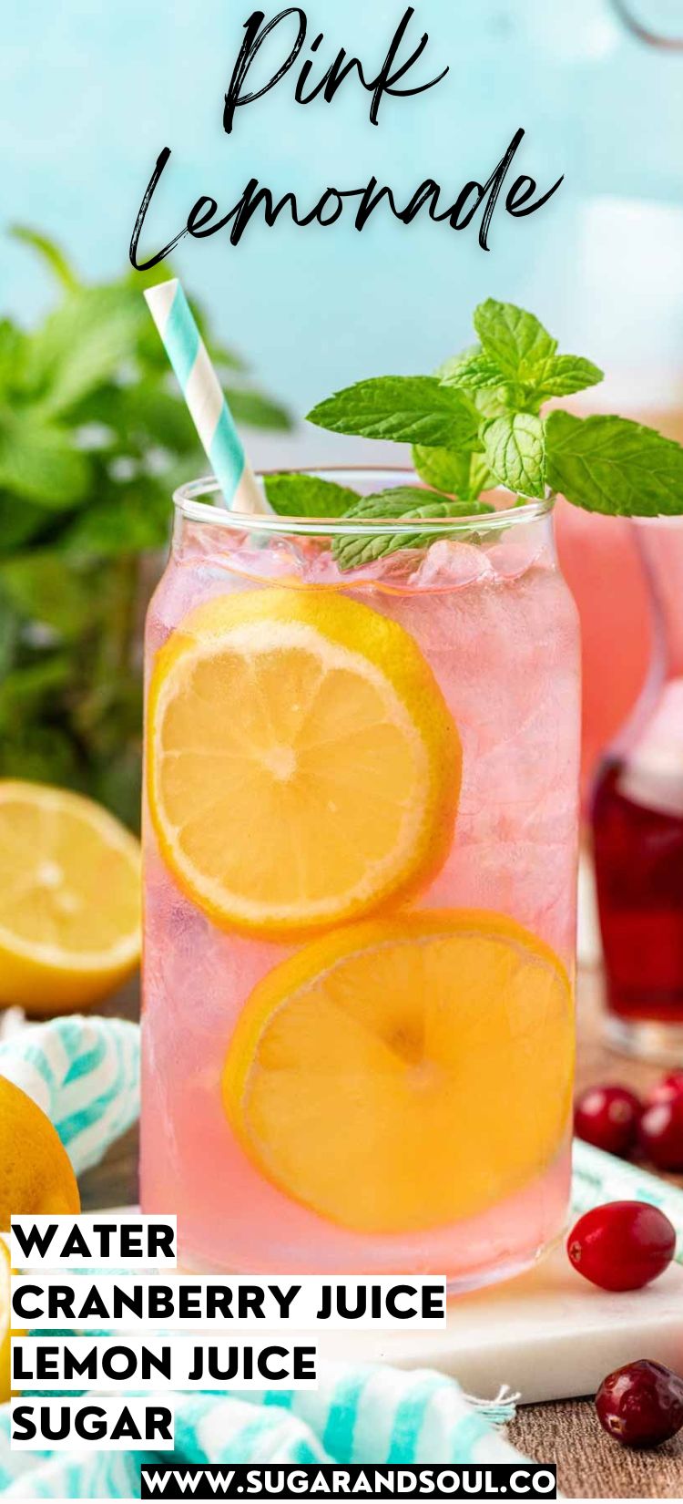 Dazzle your taste buds with this Pink Lemonade recipe! It’s made with a simple yet dependable lemonade base that adds a touch of 100% pure cranberry juice to create a beautiful color with a hint of fun flavor! via @sugarandsoulco