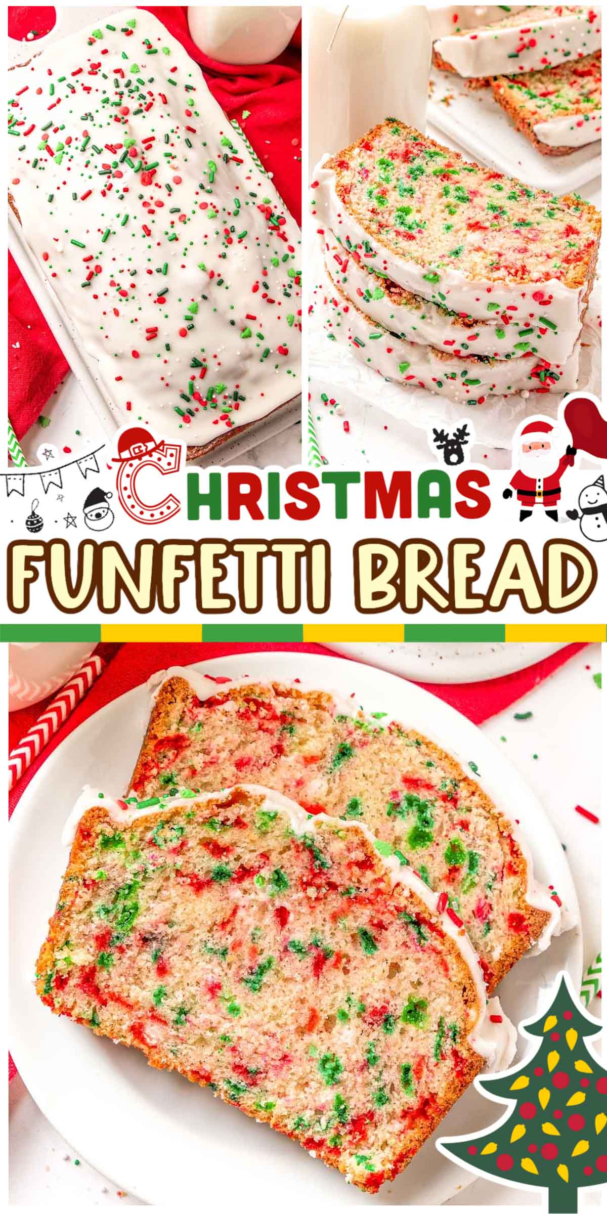 This delicious Christmas Funfetti Bread is an easy quick bread recipe that is studded with holiday sprinkles, glazed with a delicious vanilla glaze, and then topped off with even more sprinkles. It’s the perfect holiday treat everyone can enjoy! via @sugarandsoulco