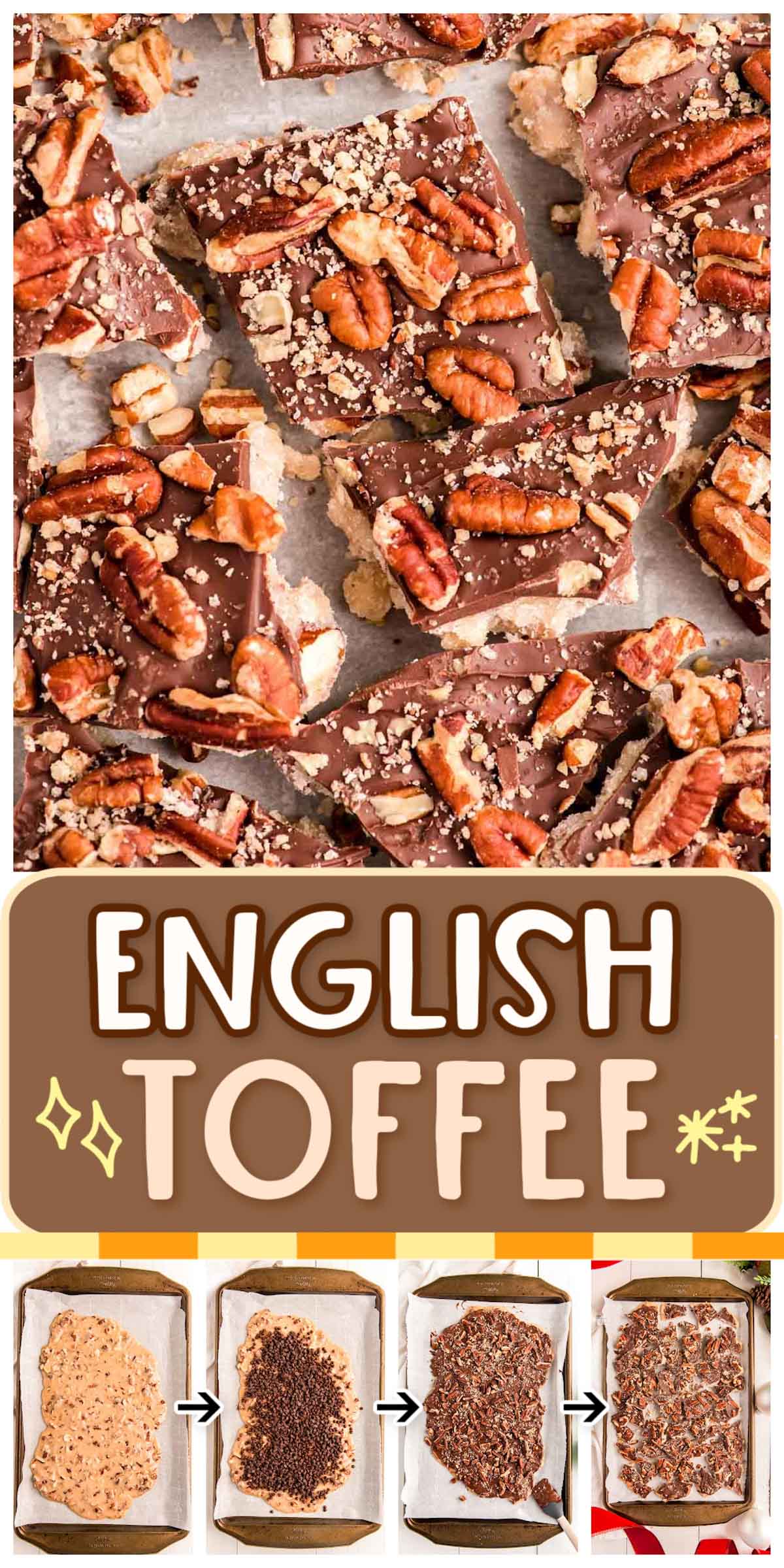 This Homemade English Toffee is crunchy, buttery, and chocolaty and loaded with almonds and pecans for a rich and decadent candy recipe that's perfect for sharing! via @sugarandsoulco