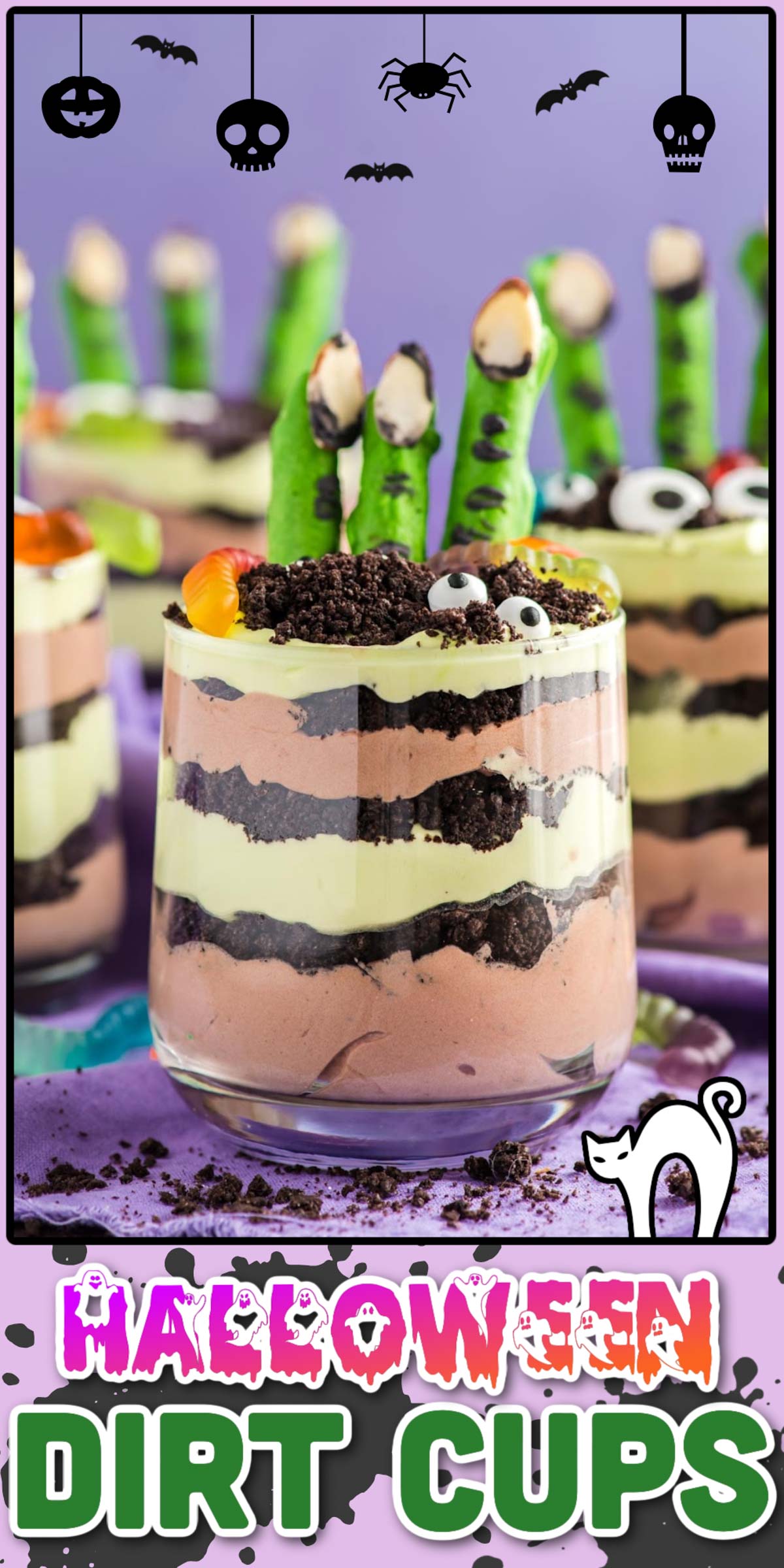 Halloween Dirt Cups look like overturned earth but taste heavenly! Creamy chocolate and vanilla layers are sprinkled with handfuls of crushed Oreo “dirt.” The finishing touches are chocolate pretzel “monster fingers,” gummy worms, and candy eyeballs! via @sugarandsoulco