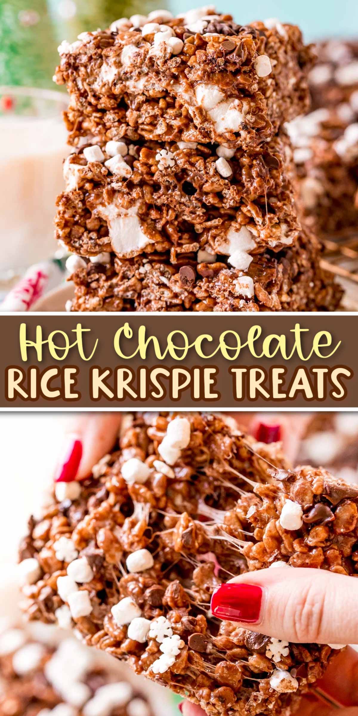 These Hot Chocolate Rice Krispie Treats are loaded with sweet marshmallows and chocolate flavor! It’s a super fun twist on a classic dessert and they even have hot cocoa mix in them! via @sugarandsoulco