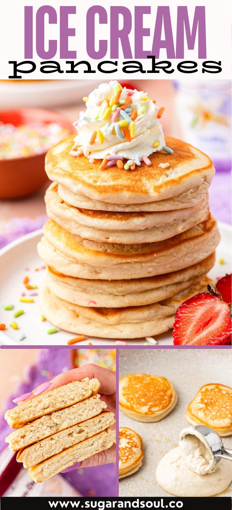 Indulge in the easiest and fluffiest pancakes you've ever tasted with this Ice Cream Pancake Recipe. Featuring a delightful combination of ice cream and self-rising flour, this recipe guarantees a delicious breakfast that borders on dessert! via @sugarandsoulco